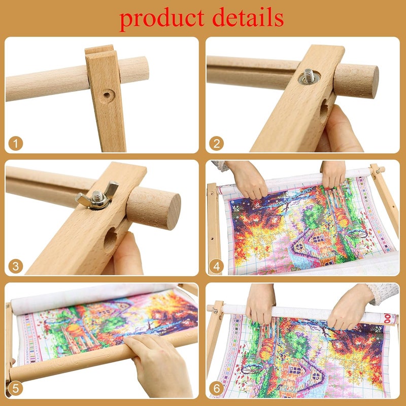 GuoFa Beech Wood Cross Stitch Frame Scroll Embroidery Hoop, Needlepoint Stretcher Bars & Stand, Quilting Stitching Holder for Cross Stitch Supplies, Embroidery Accessories & Needlework Projects - Image 5